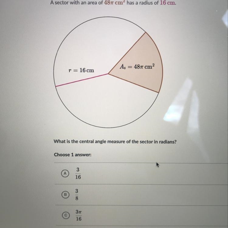 A sector with an area of 48 pi cm2 has a radius of 16 cm. What is the central angle-example-1