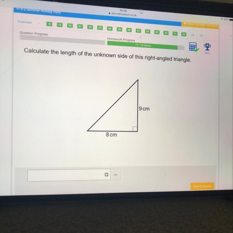 Calculate the length of the unknown side of this right angled triangle-example-1