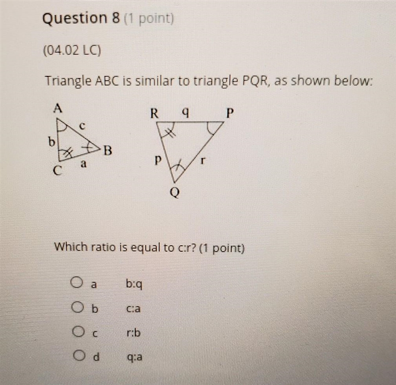 Help please!!! Triangle ABC is similar to triangle PQR, as shown below​-example-1