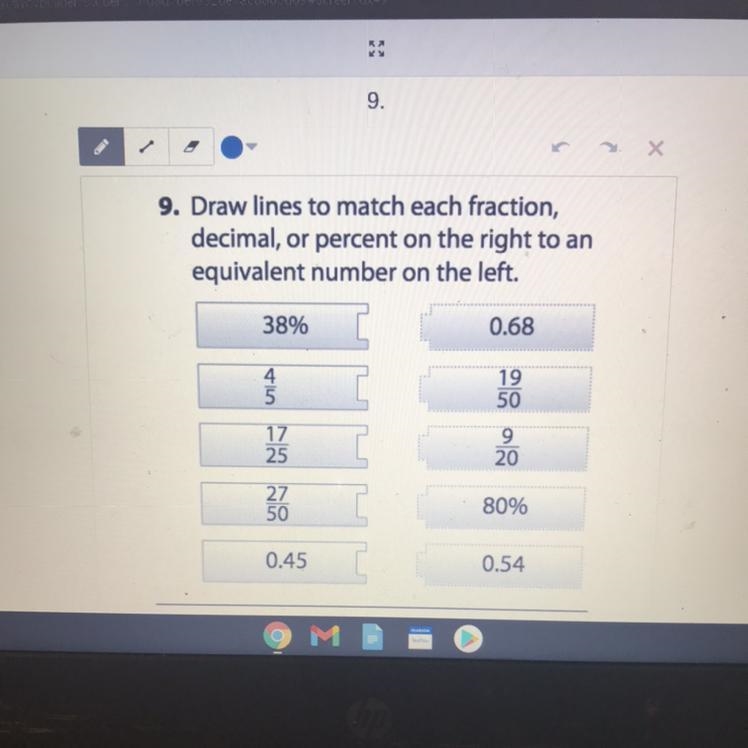 Draw lines to match each fraction, decimal, or percent on the right to an equivalent-example-1