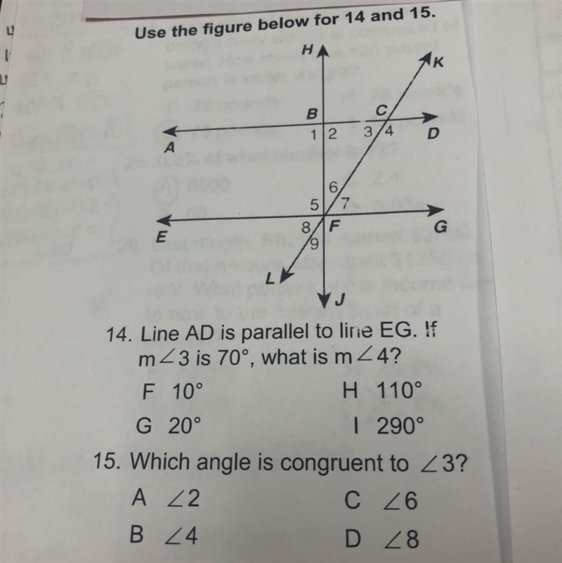 14. Line AD is parallel to line EG. If m<3 is 70°, what is m 24? F 10° H 110° G-example-1