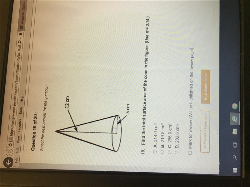 Find the total surface area of the cone in the figure. ( use rr=3.14.)-example-1