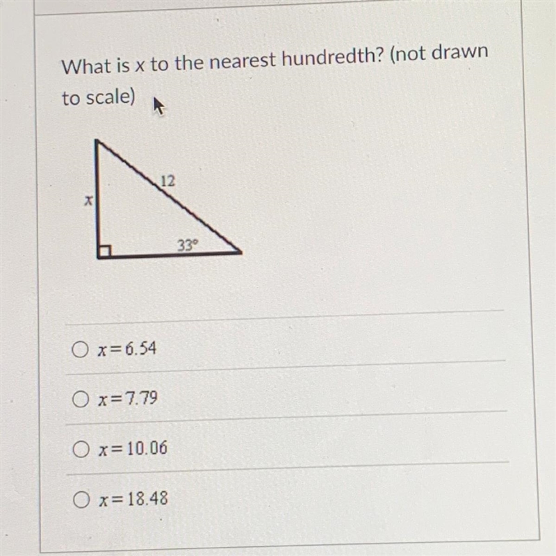 What is x to the nearest hundredth? (not drawn to scale) Pls help!!!-example-1