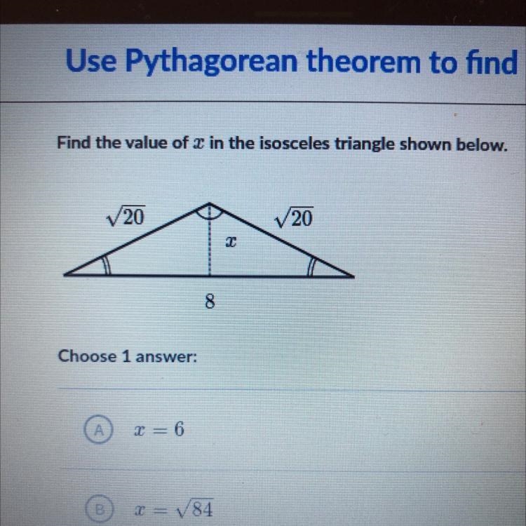 Find the value of z in the isosceles triangle shown below. V20 V20 8-example-1