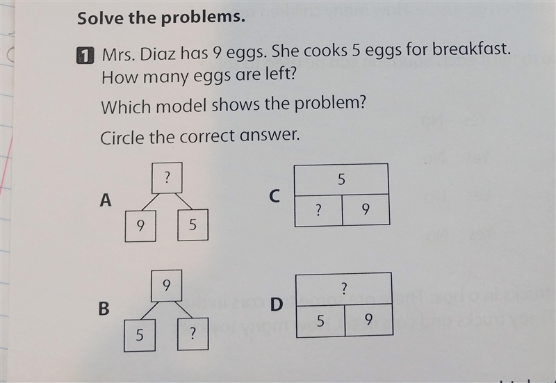 mrs. diaz has 9 eggs. she cooks 5 eggs for breakfast. how many eggs are left? which-example-1