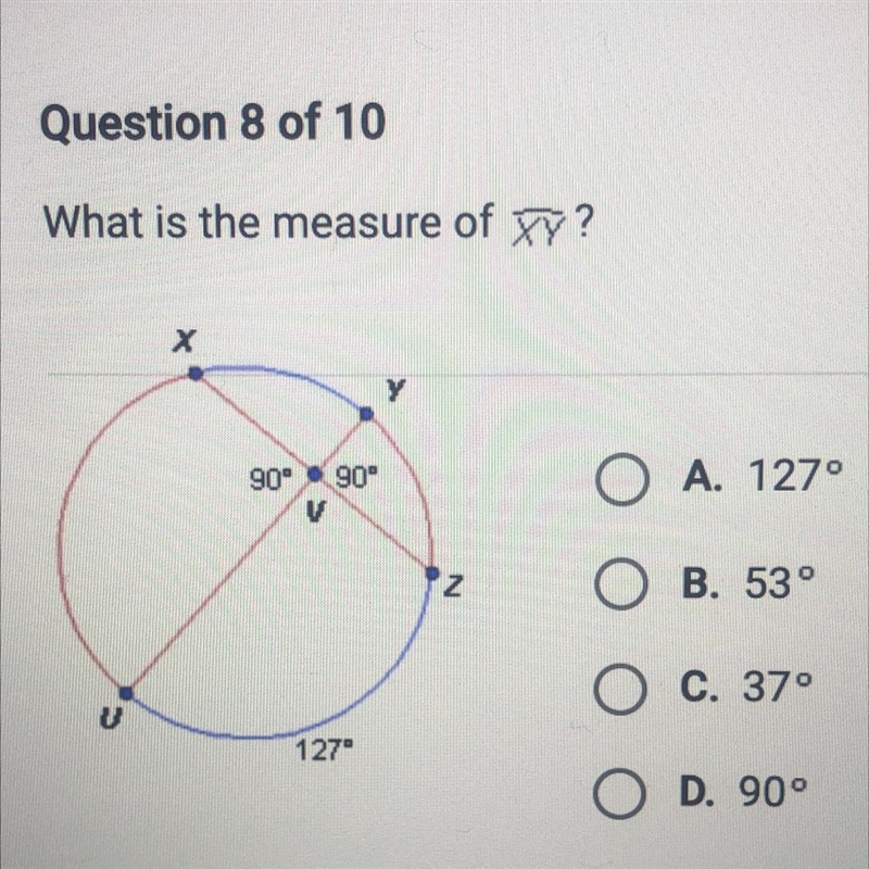 What is the measure of XY? A. 127° B. 53° C. 37° D. 90°-example-1