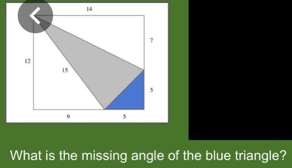 What is the missing angle of the blue triangle using A^2 + B^2 = C^2-example-1