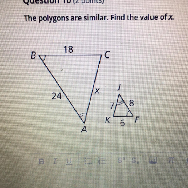 The polygons are similar. Find the value of x.-example-1