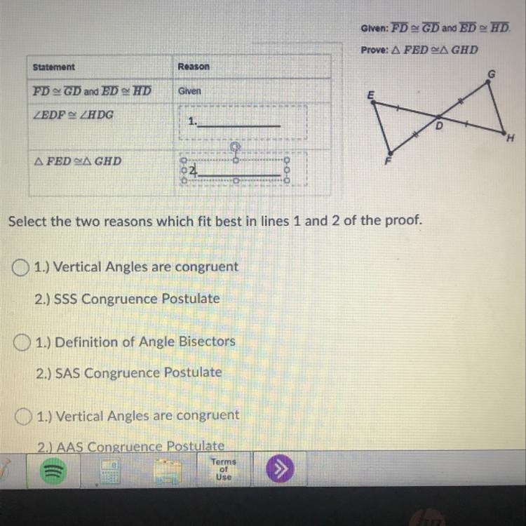 Please help!! Select the two reasons which fit best in lines 1 and 2 of the proof-example-1