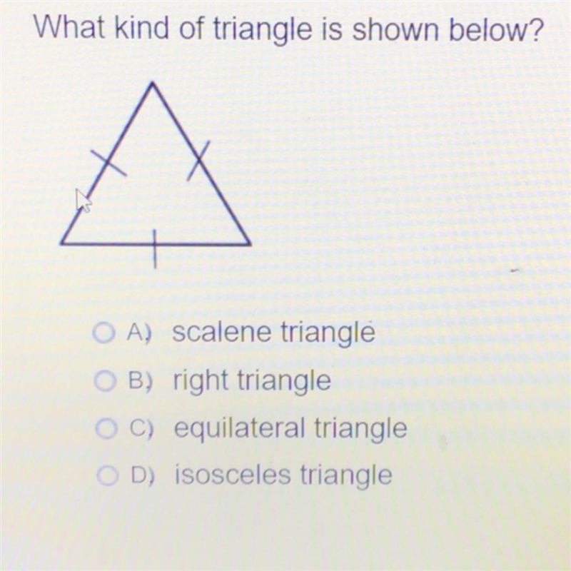 Plz help me I am timed What kind of triangle is shown below? OA) scalene triangle-example-1