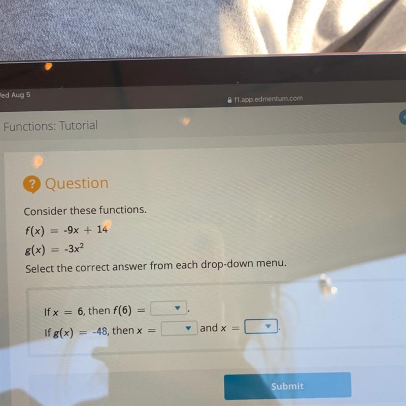 Question Consider these functions. f(x) = -9x + 14 g(x)=-3x2 Select the correct answer-example-1