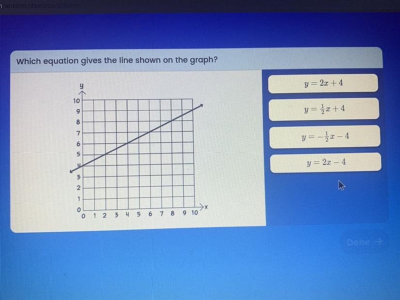 Which equation gives the line shown on the graph? y y=2.0 +4 10 9 y= {x + 4 8 7 6 y-example-1