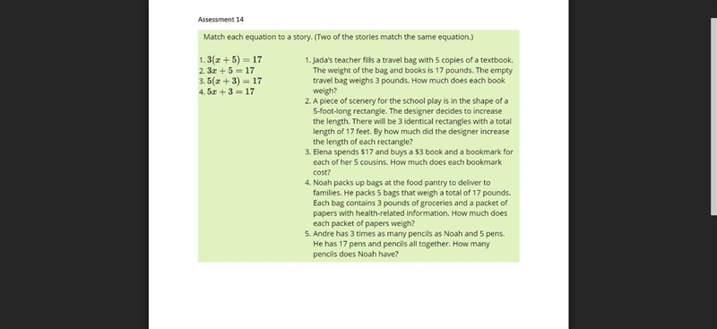 Match each equation to a story. (Two of the stories match the same equation.)-example-1