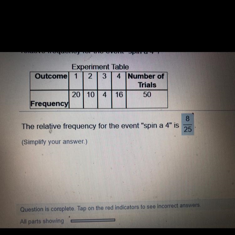 The table shows the results for spinning the spinner 50 times. What is the relative-example-1