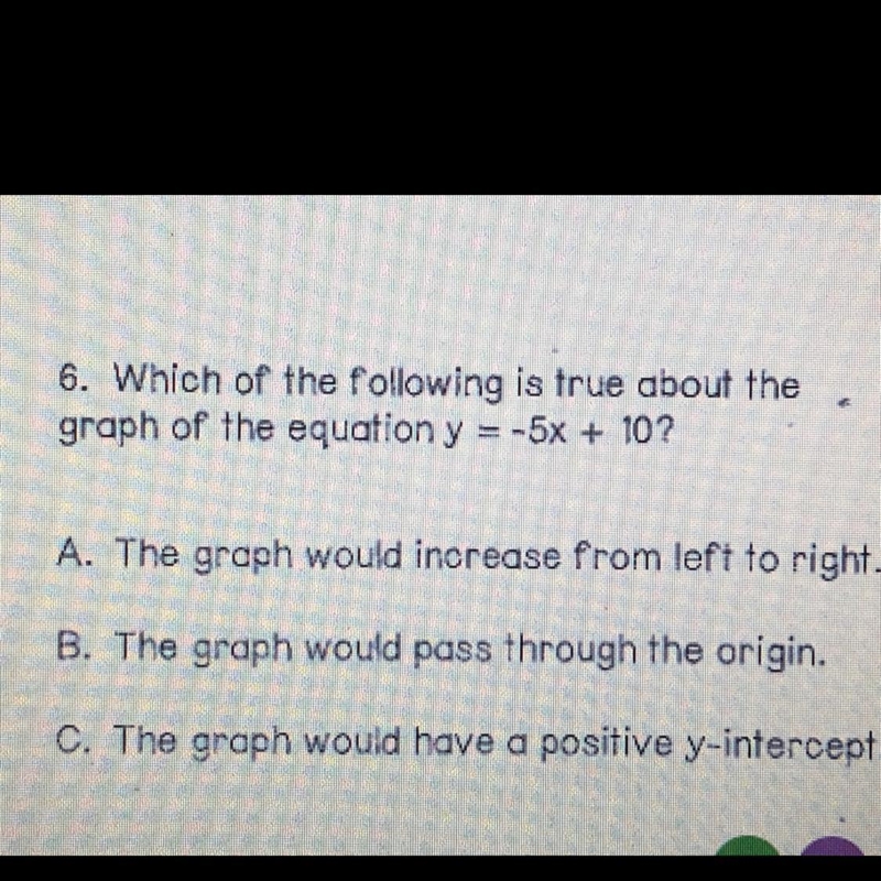 6. Which of the following is true about the graph of the equation y = -5x + 10? A-example-1