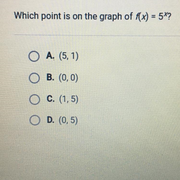 Which point is on the graph of f(x) = 5*? A. (5,1) B(0,0) C. (1,5) D. (0,5)-example-1