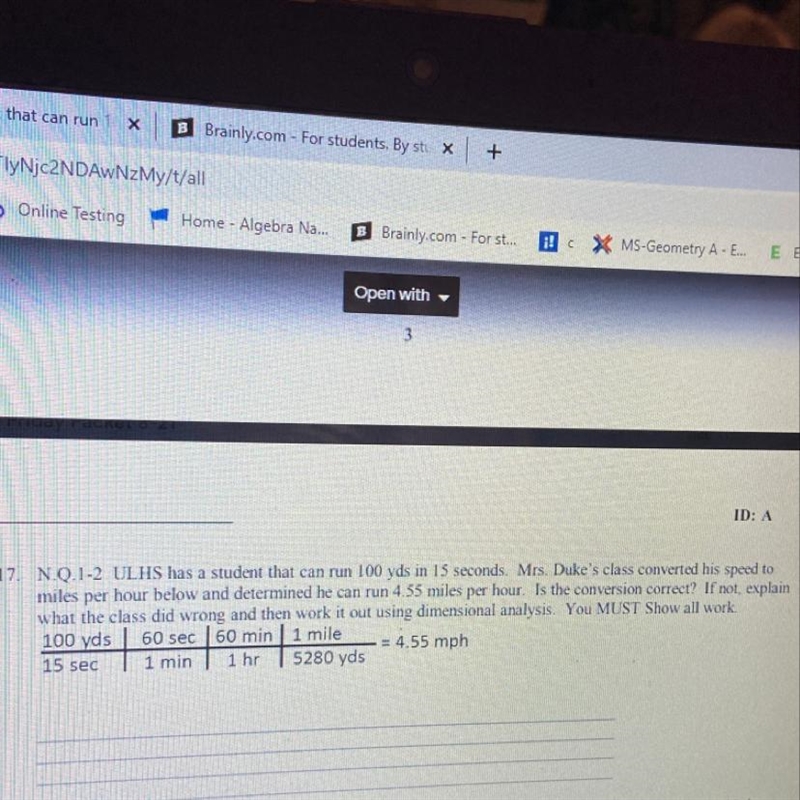 ID: A 17. N.Q.1-2 ULHS has a student that can run 100 yds in 15 seconds. Mrs. Duke-example-1