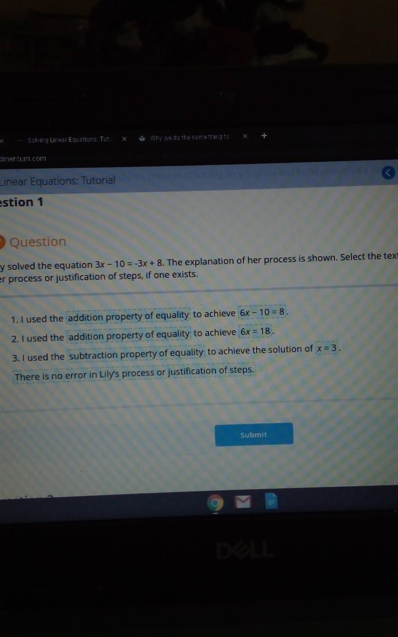 Lily solve the equation 3x-10= -3x+8. The explanation of her process is shown. Select-example-1