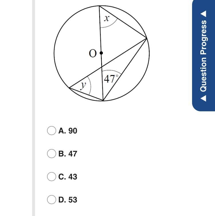 Find the measure of x. A. 90 B. 47 C. 43 D. 53-example-1