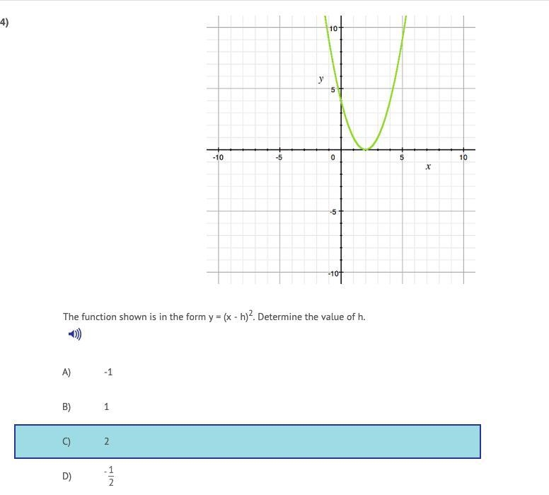 The function shown is in the form y = (x - h)2. Determine the value of h. A) -1 B-example-1