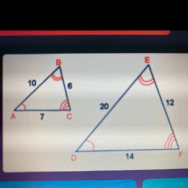 What is the scale factor of ABC to DEF? A. 1/2 B. 2 C. 10 D. 10/7-example-1