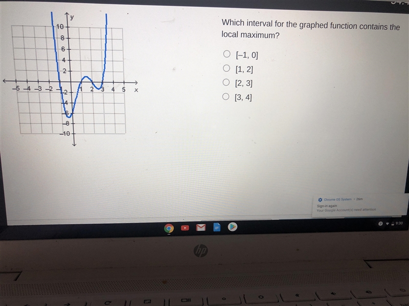 Which interval for the graphed function contains the local maximum? [-1,0] [1,2] [2,3] [3,4]-example-1