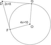 Solve for x. Then, find m∠FDG and m∠GOF. A. x = 24; m∠FDG = 56°; m∠GOF = 106° B. x-example-1