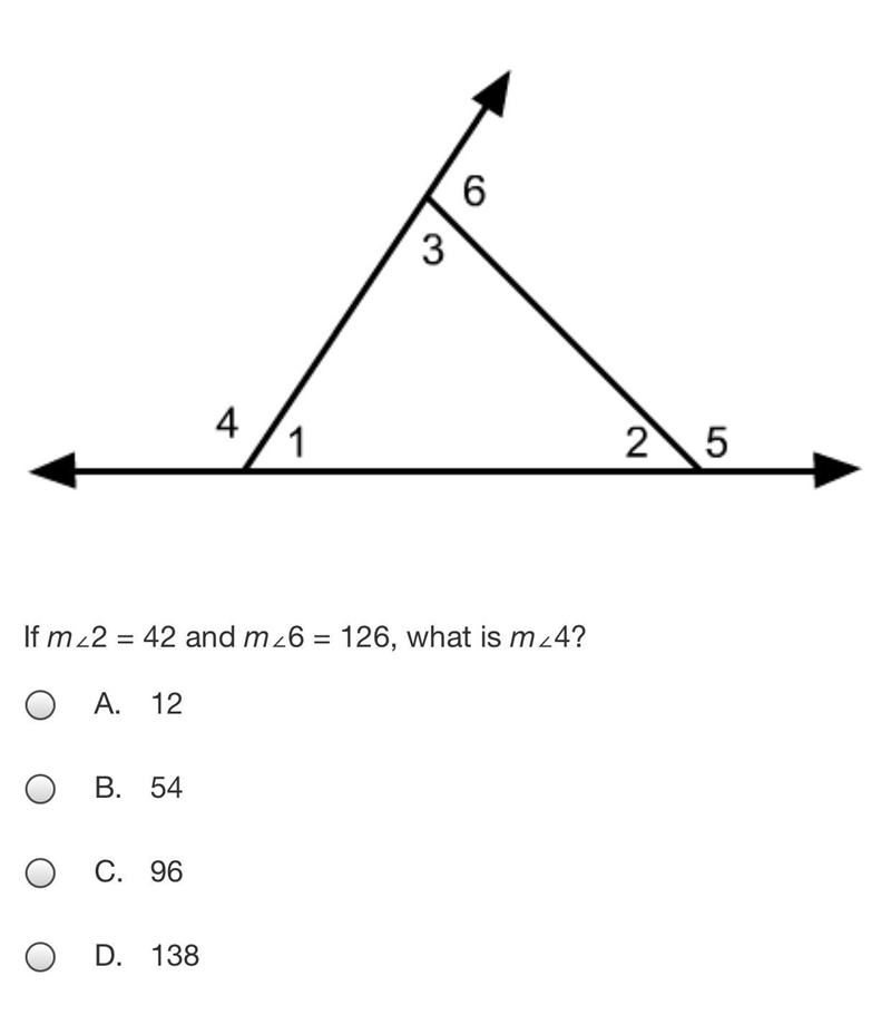 If m∠2 = 42 and m∠6 = 126, what is m∠4?-example-1