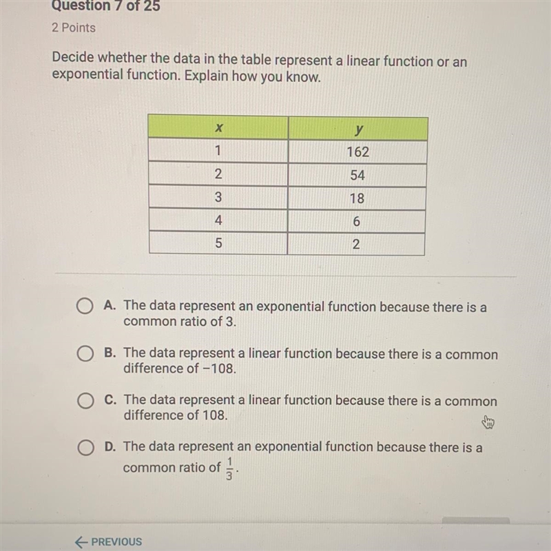 Decide whether the data in the table represent a linear function or an exponential-example-1