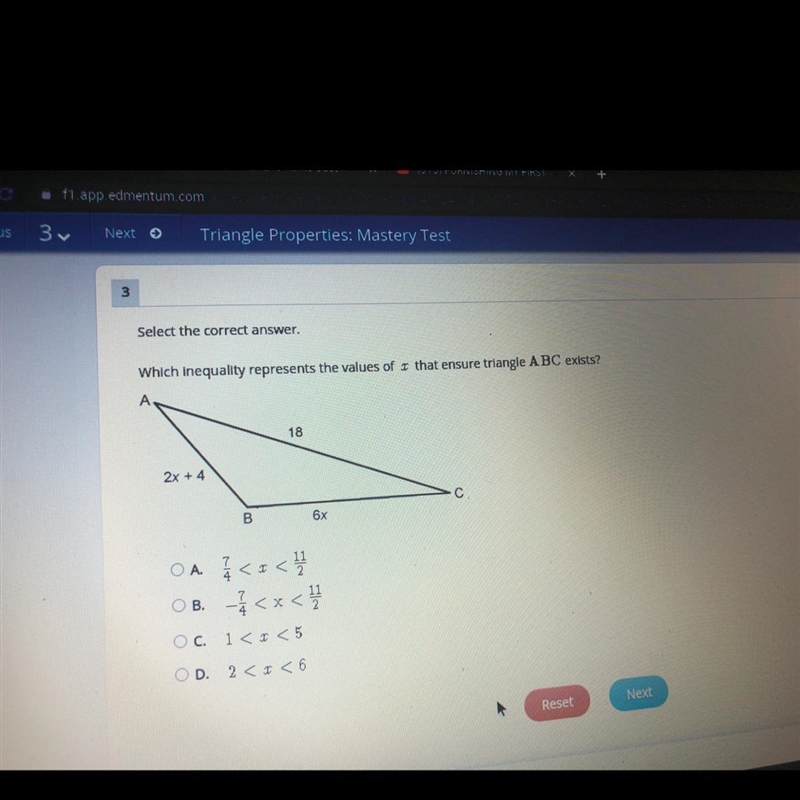 Which inequality represents the value of x that ensures triangle abc exists?-example-1