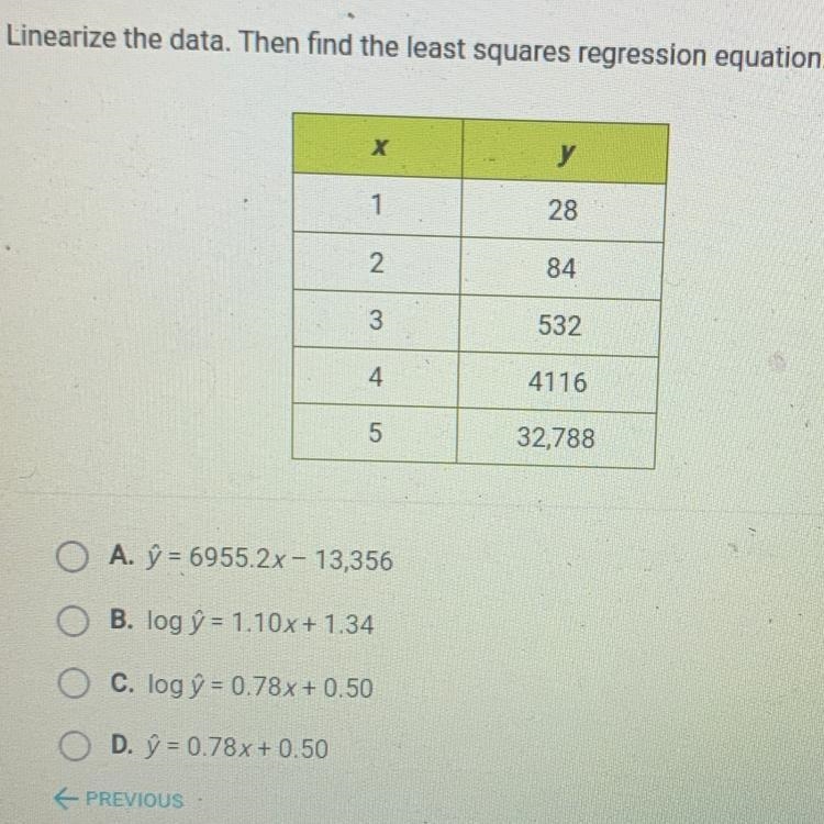 Linearize the data. Then find the least squares regression equation-example-1