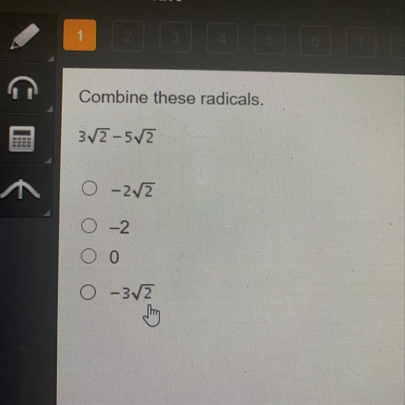 Combine these radicals. 3 square root 2 -5 square root 2-example-1