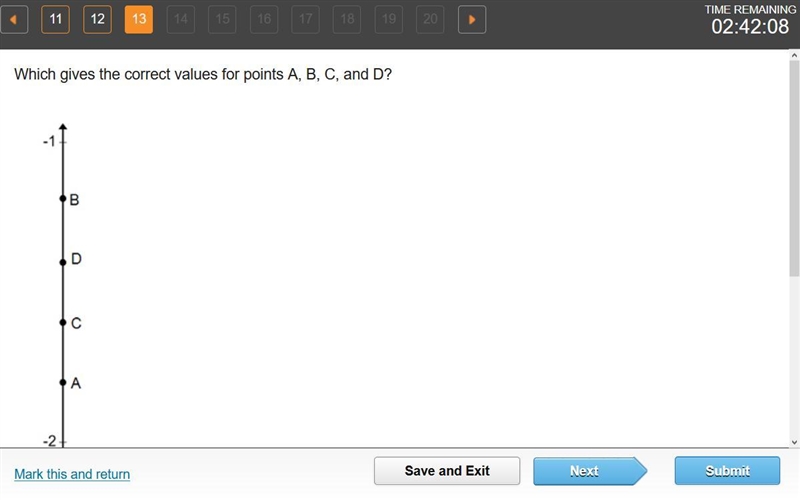 Which gives the correct values for points A, B, C, and D? A number line going from-example-1