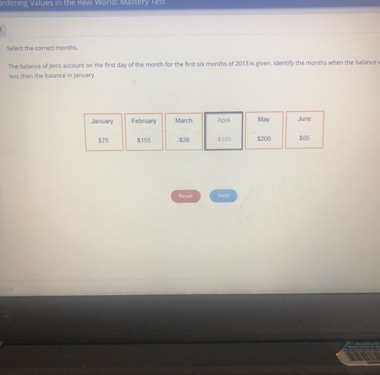 Select the correct months. The balance of Jim's account on the first day of the month-example-1