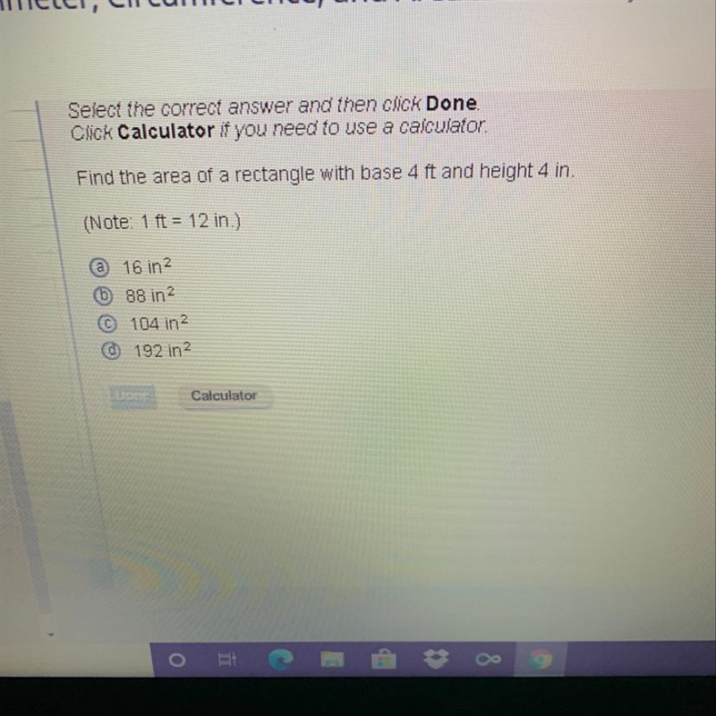 Find the area of a rectangle with base 4ft and height 4 in.-example-1