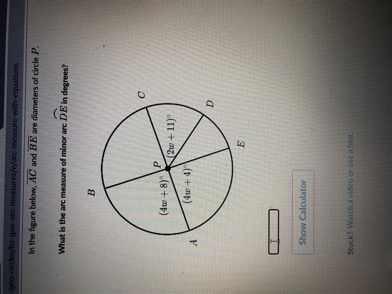 What is the arc measure of minor arc DE in degrees? help lol-example-1