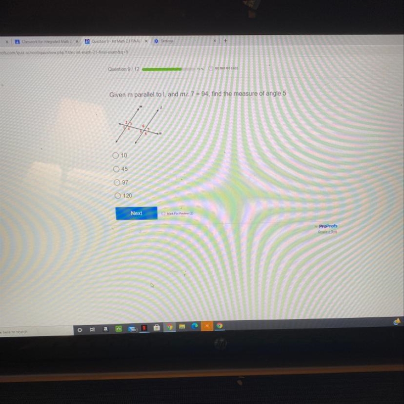 Given m parallel to I, and m2 7 = 94, find the measure of angle 5 O 10 045 O 97 O-example-1