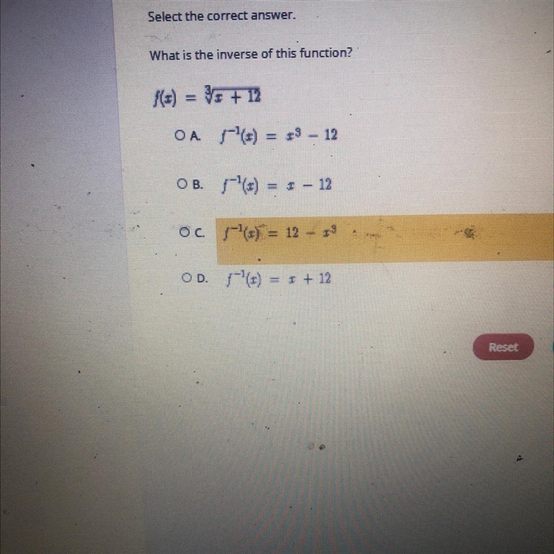 Select the correct answer. What is the inverse of this function? (=) = 35 + 12 on-example-1