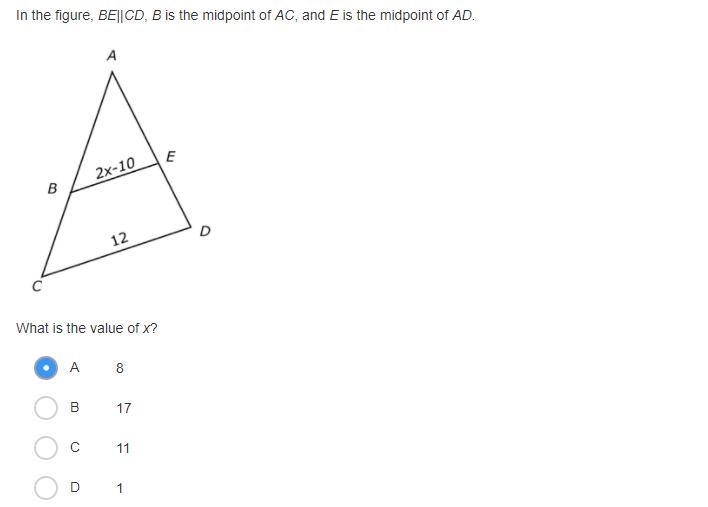 In the figure, BE||CD, B is the midpoint of AC, and E is the midpoint of AD-example-1