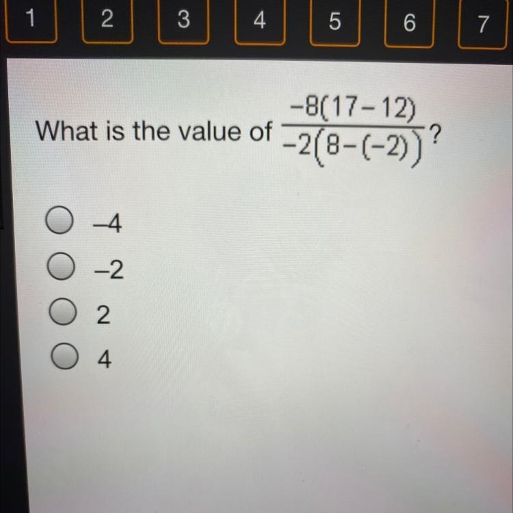 What is the value of -2(8-(-2)) -8(17-12) ? -4 -2 Y 2 4-example-1