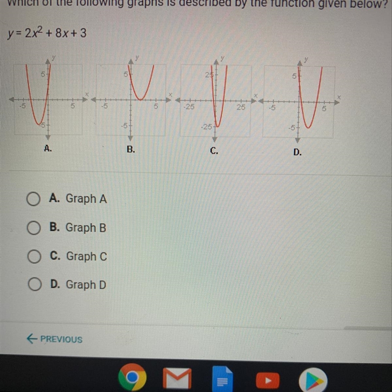 Which of the following graphs is described by the function given below? y = 2x^2 + 8x-example-1