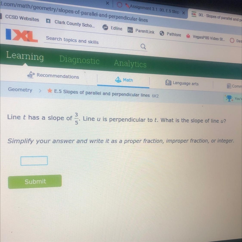 Line t has a slope of 3/5 line u is perpendicular to t what is the slope of line u-example-1