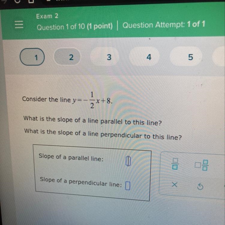 Consider the line y=-1/2x+8 What is the slope of a line parallel to this line? What-example-1