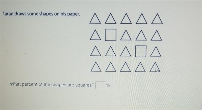 Taran draws some shapes on his paper. ΔΔΔΔΔ ΔΠΔΔΔ ΔΔΔΔ ΔΔΔΔΔ What percent of the shapes-example-1