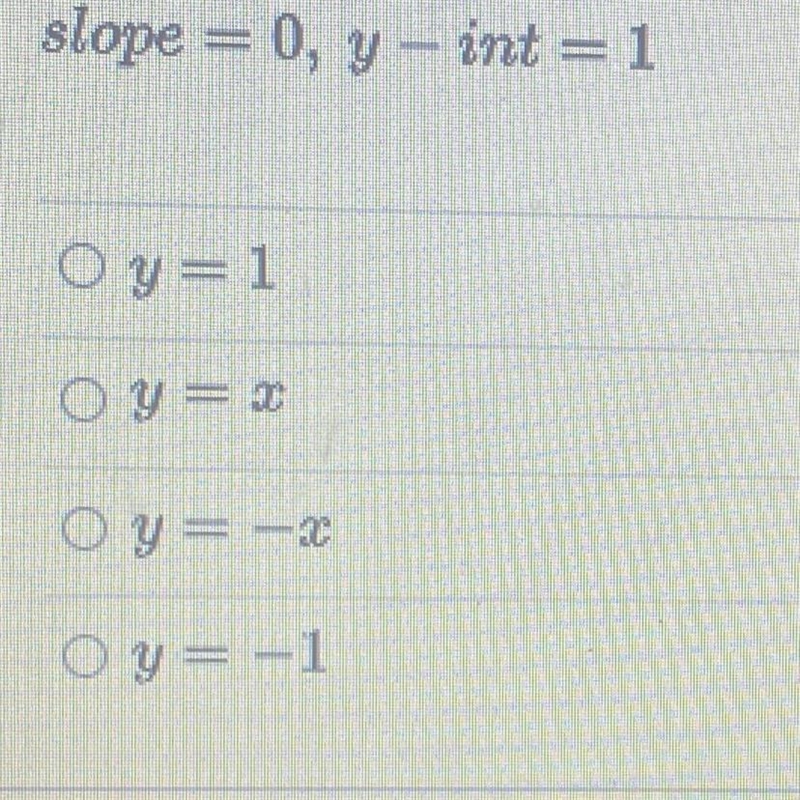 Write the slope-intercept form of the equation of the line. slope = 0, y - int=1-example-1