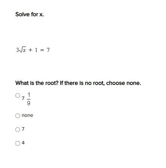 Solve for x. What is the root? If there is no root, choose none.-example-1