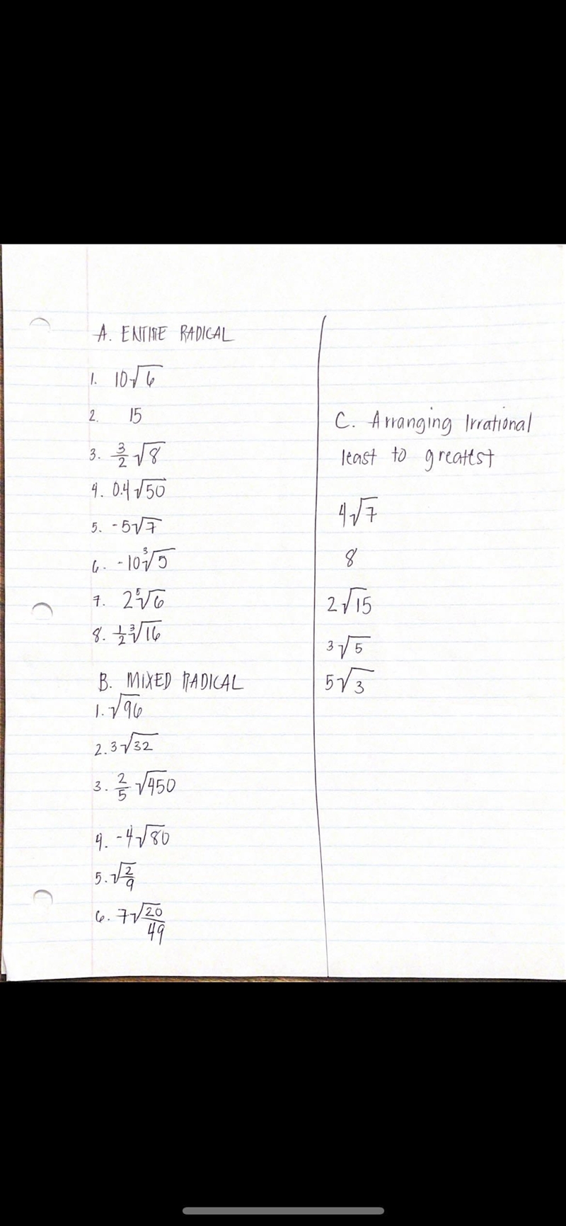 Write each of the following as entire radicals A. Entire Radicals B. Mixed Radical-example-1