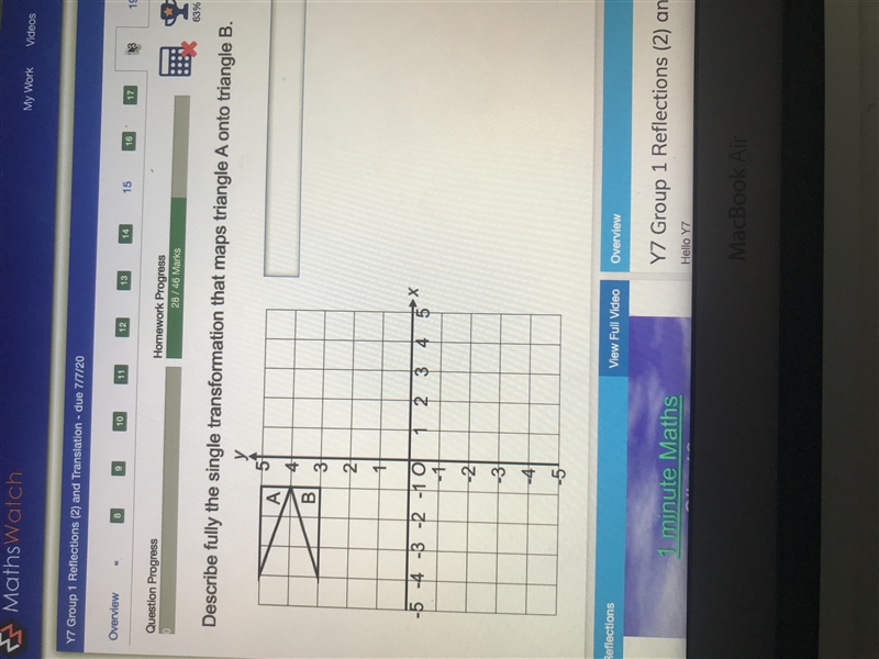 Describe fully the single transformation that’s maps triangle A onto triangle B.-example-1