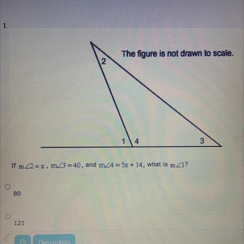 If m_2= x, m/3=40, and m24=5x + 14, what is mZ1? A. 80 B. 121 C. 21 D. 61-example-1