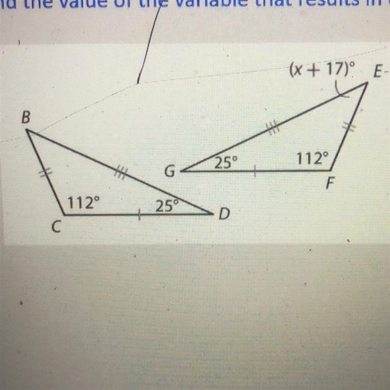 Find the value of the variable that results in congruent triangles 1.-example-1